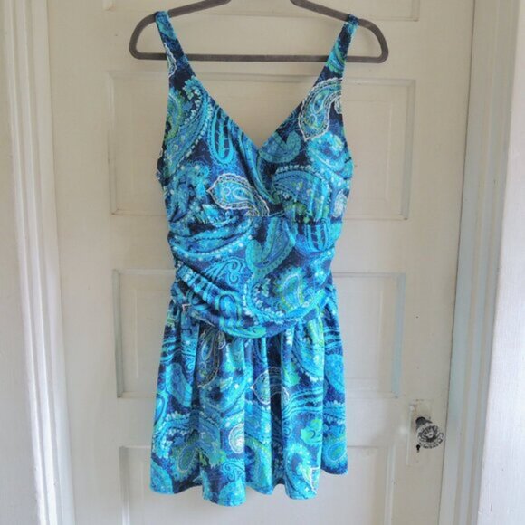 D & Co. Beach Blue & Green Paisley Ruched Swim Dress One Piece Skirt 16 - Picture 2 of 12